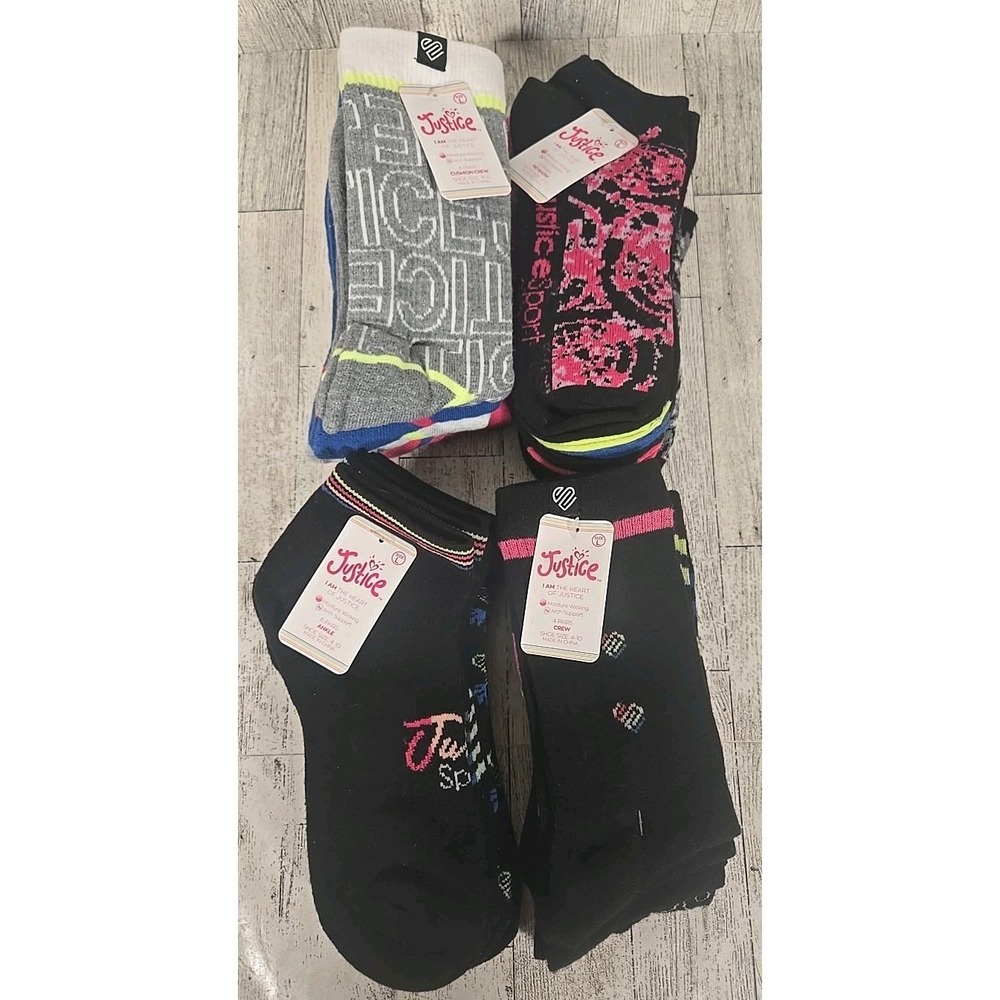 Justice Girls Socks LARGE Crew Cushion No Show Ankle Lot of 4 Black Gray